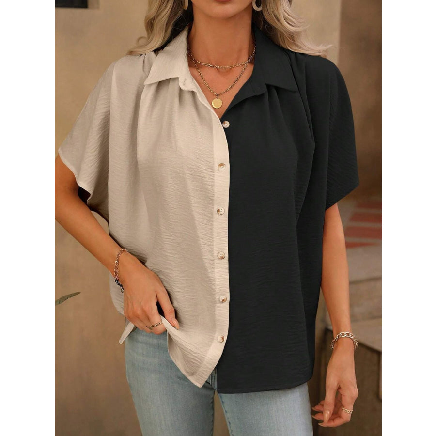 Contrast Collared Neck Short Sleeve Shirt Apparel and Accessories