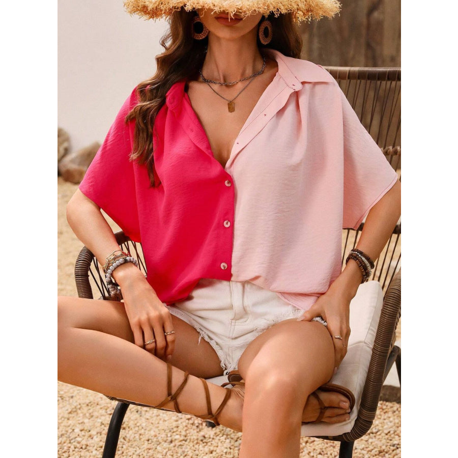 Contrast Collared Neck Short Sleeve Shirt Apparel and Accessories