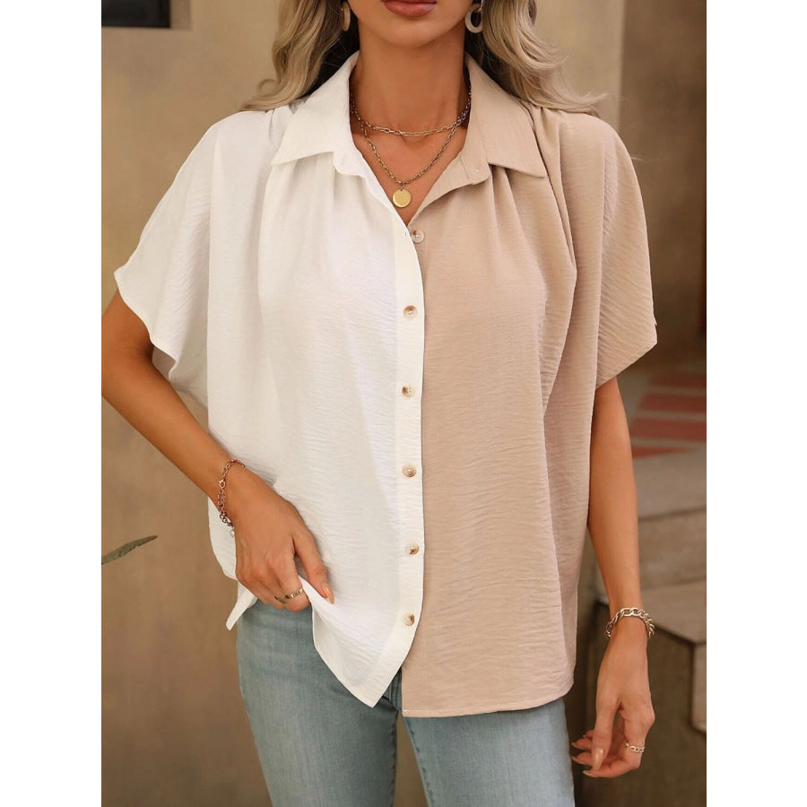 Contrast Collared Neck Short Sleeve Shirt Ivory / S Apparel and Accessories