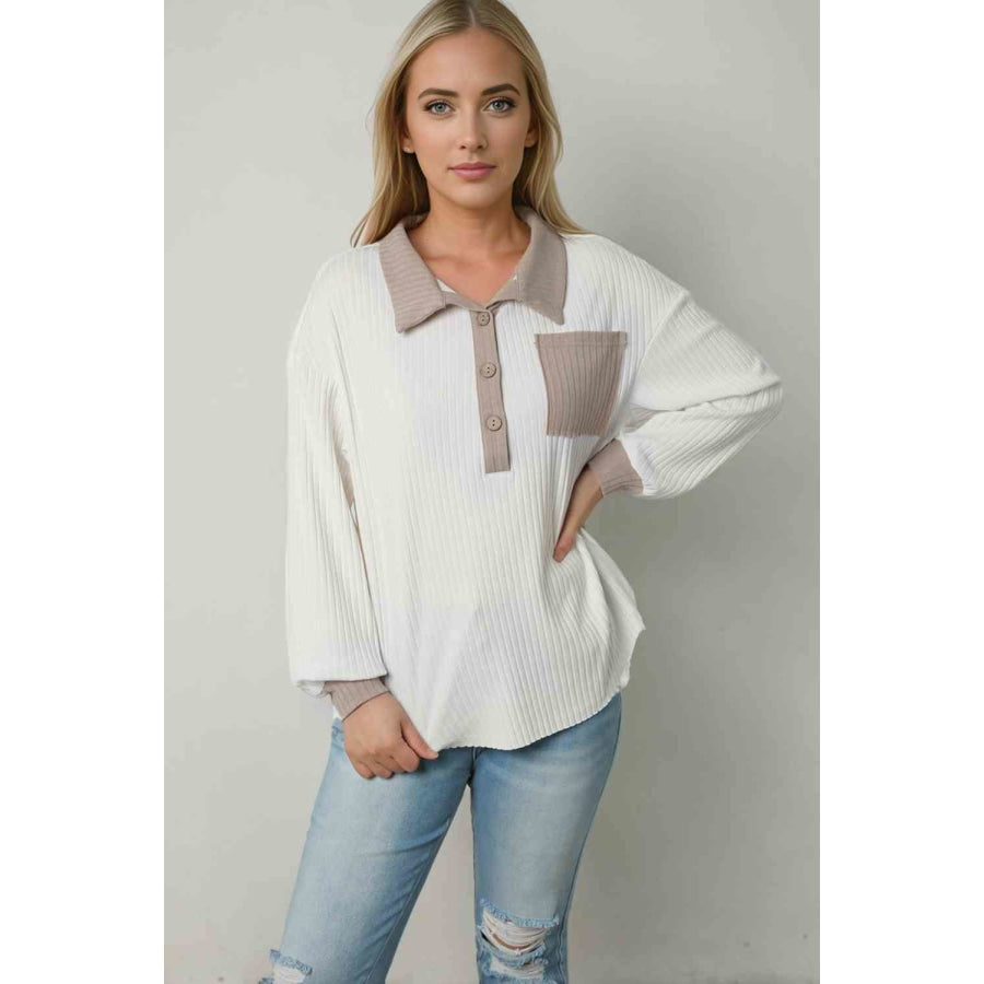 Contrast Collared Neck Top White / S