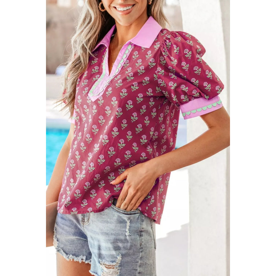Contrast Collared V Neck Ricrac Trim Short Puff Sleeve Flower Blouse Apparel and Accessories