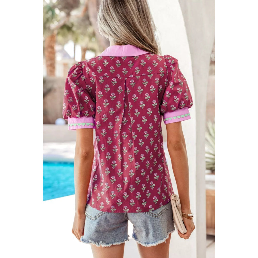 Contrast Collared V Neck Ricrac Trim Short Puff Sleeve Flower Blouse Apparel and Accessories
