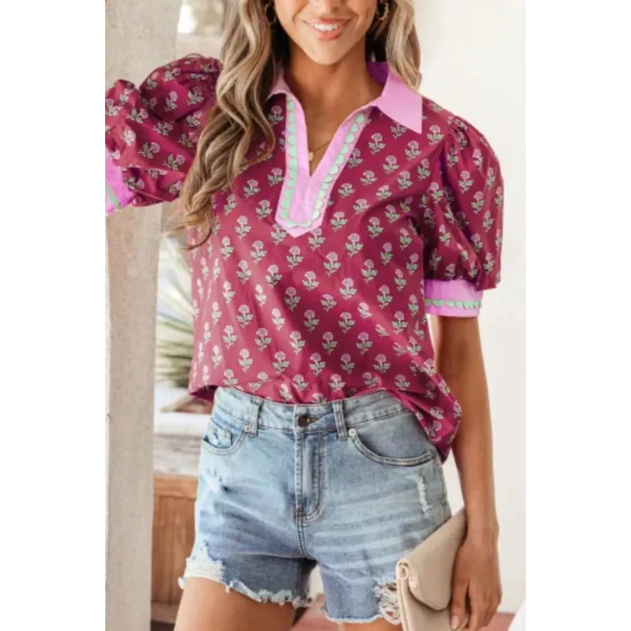 Contrast Collared V Neck Ricrac Trim Short Puff Sleeve Flower Blouse Apparel and Accessories
