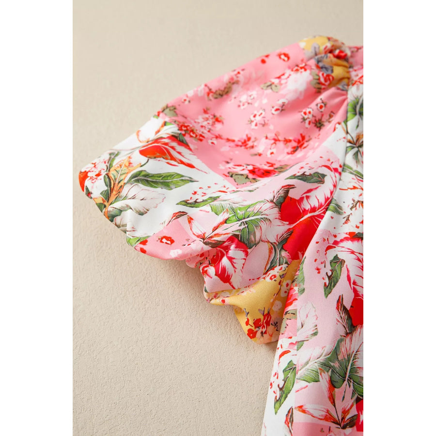 Contrast Collared V Neck Short Sleeve Floral Blouse Apparel and Accessories