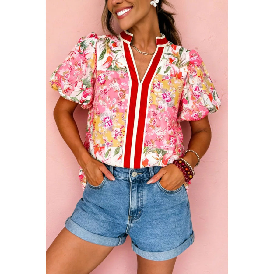 Contrast Collared V Neck Short Sleeve Floral Blouse Apparel and Accessories
