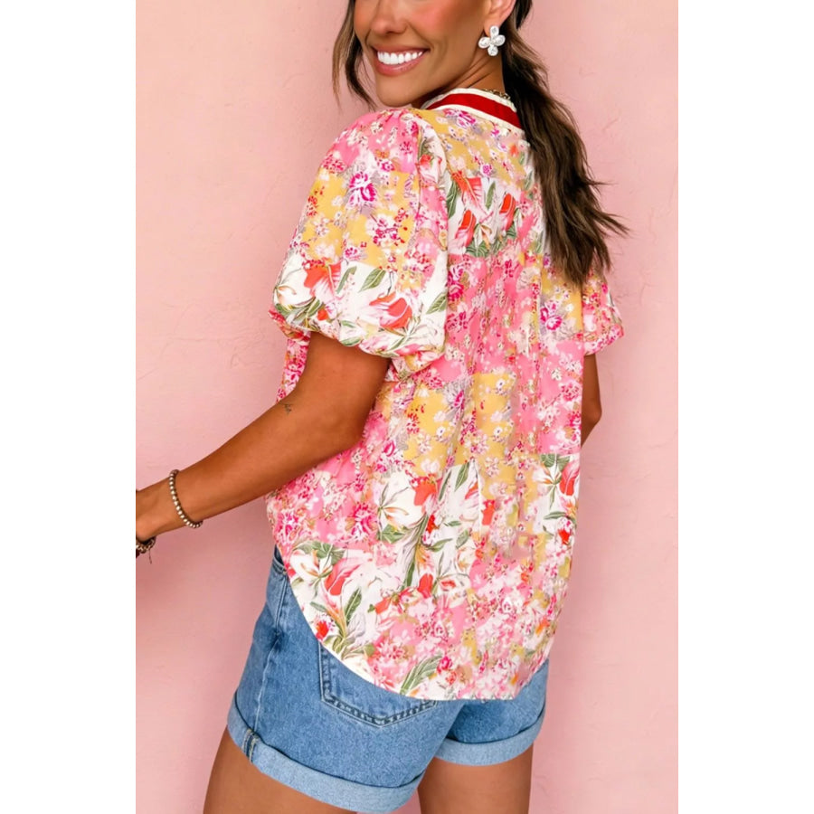 Contrast Collared V Neck Short Sleeve Floral Blouse Apparel and Accessories