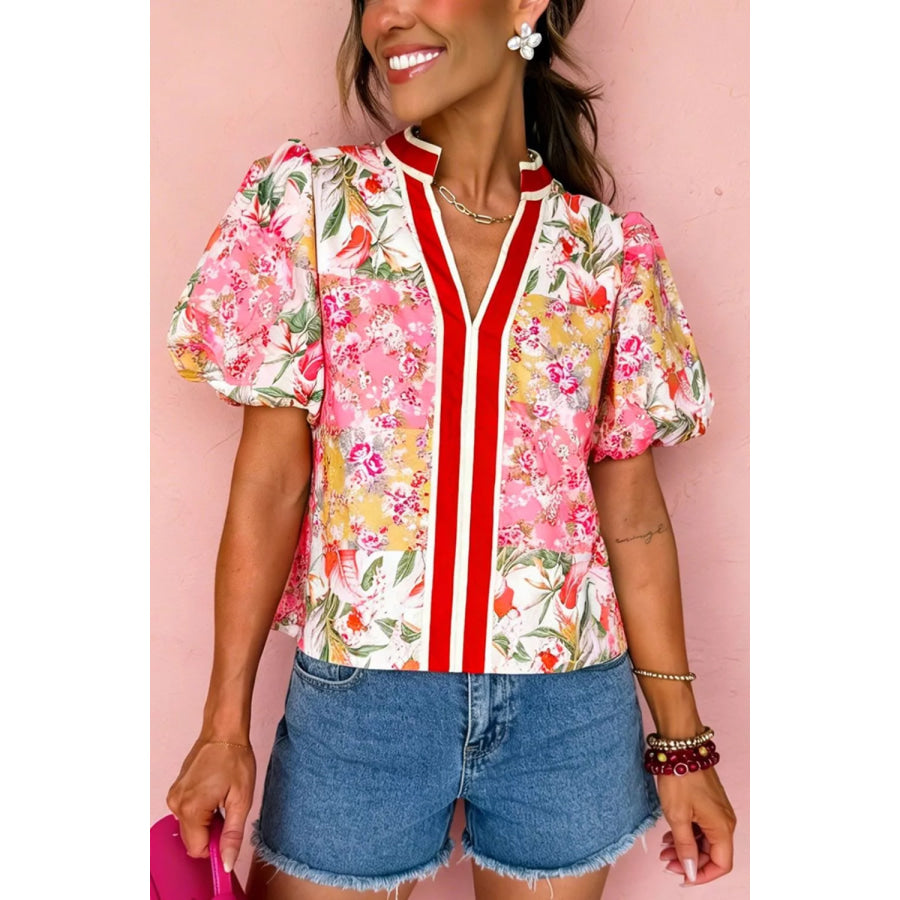 Contrast Collared V Neck Short Sleeve Floral Blouse Apparel and Accessories