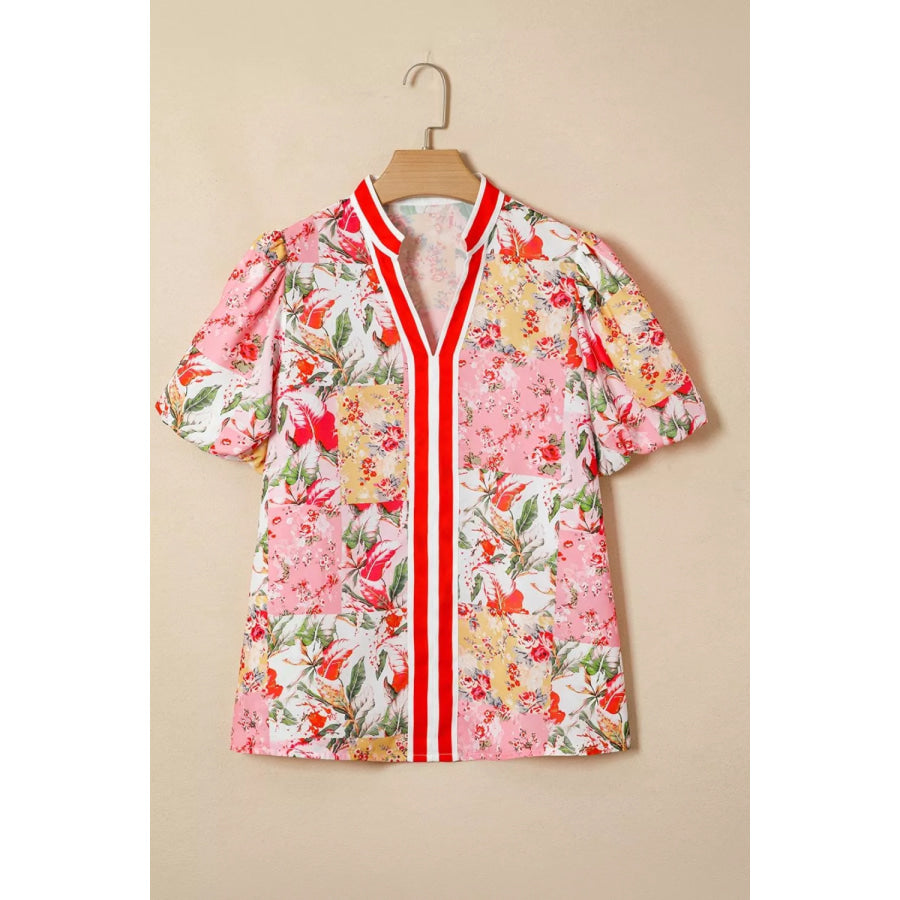 Contrast Collared V Neck Short Sleeve Floral Blouse Apparel and Accessories
