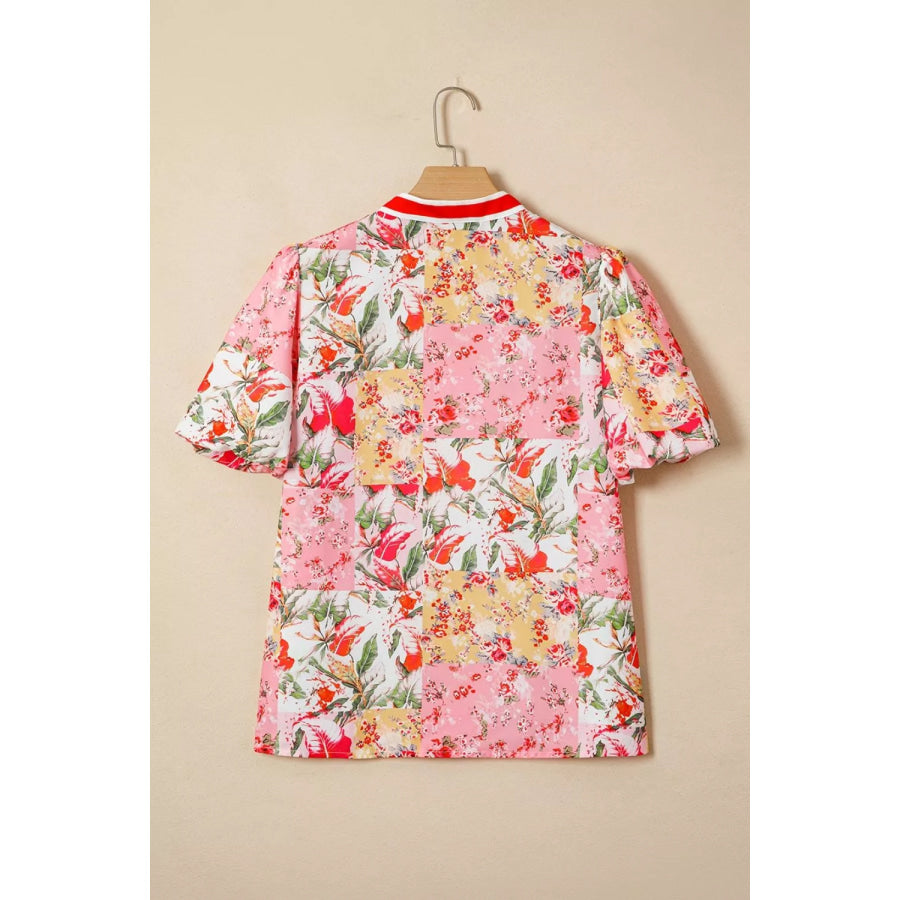 Contrast Collared V Neck Short Sleeve Floral Blouse Apparel and Accessories