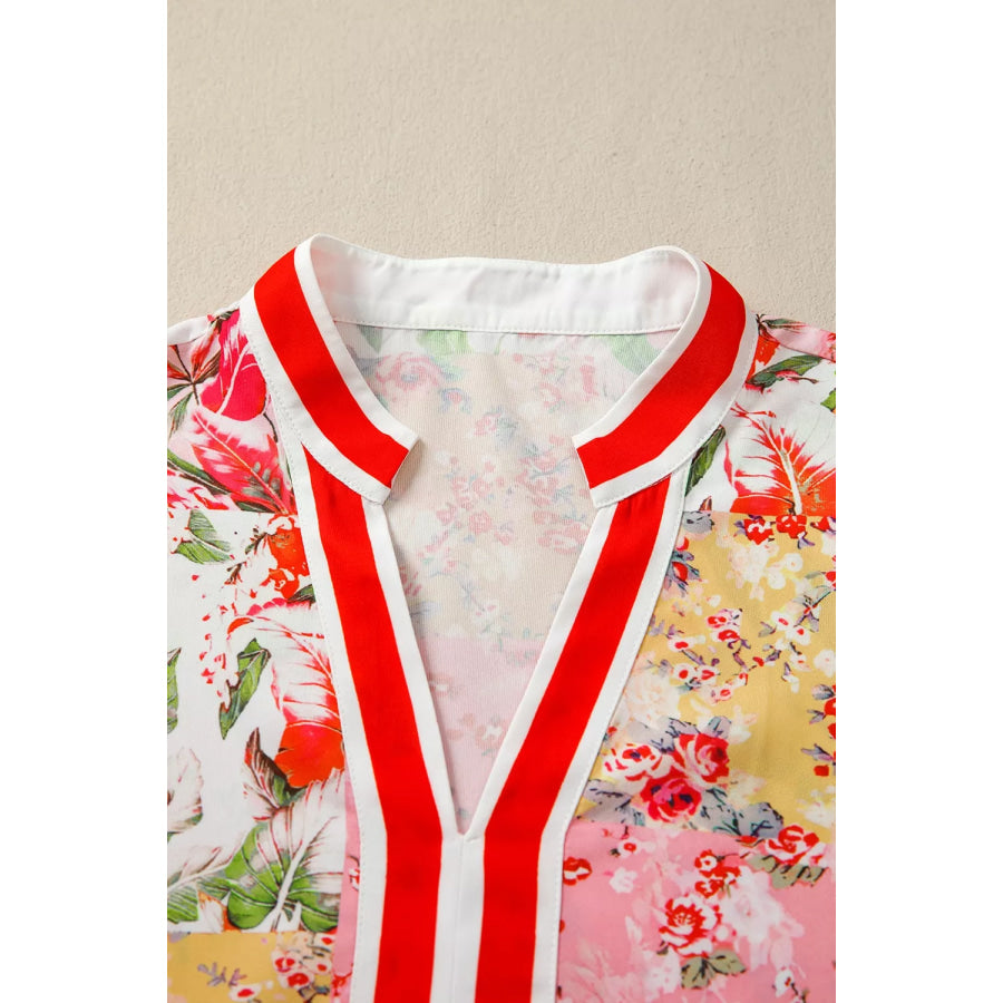 Contrast Collared V Neck Short Sleeve Floral Blouse Apparel and Accessories
