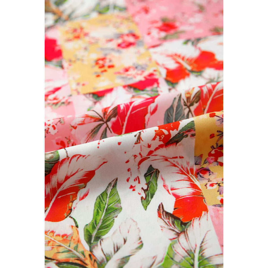 Contrast Collared V Neck Short Sleeve Floral Blouse Apparel and Accessories