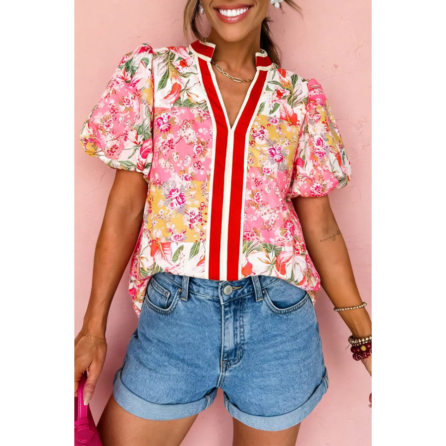Contrast Collared V Neck Short Sleeve Floral Blouse Floral / S Apparel and Accessories