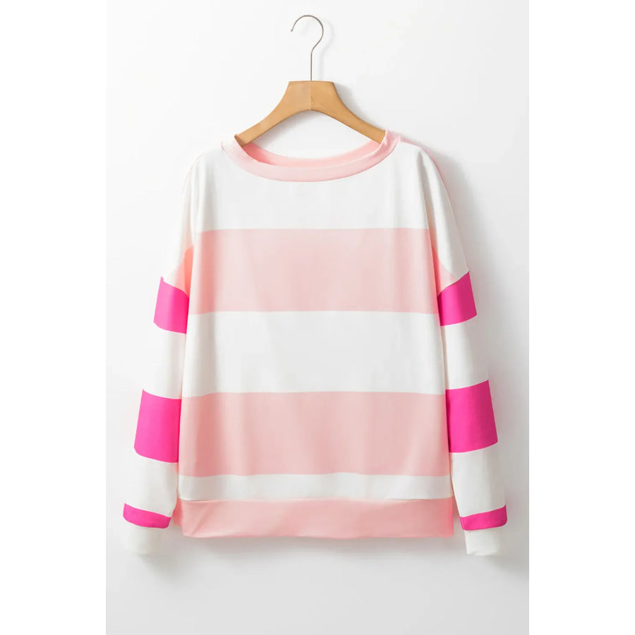 Contrast Color Block Round Neck Long Sleeve Top Apparel and Accessories