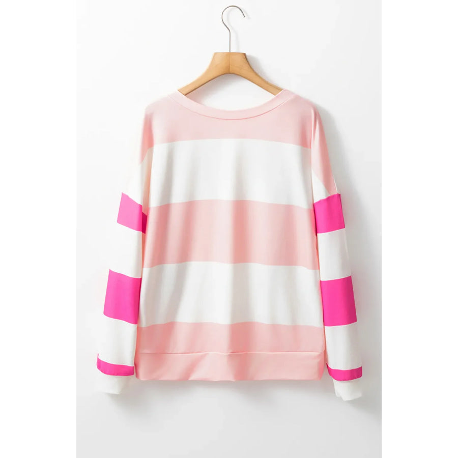 Contrast Color Block Round Neck Long Sleeve Top Apparel and Accessories