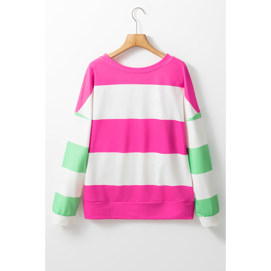 Contrast Color Block Round Neck Long Sleeve Top Apparel and Accessories