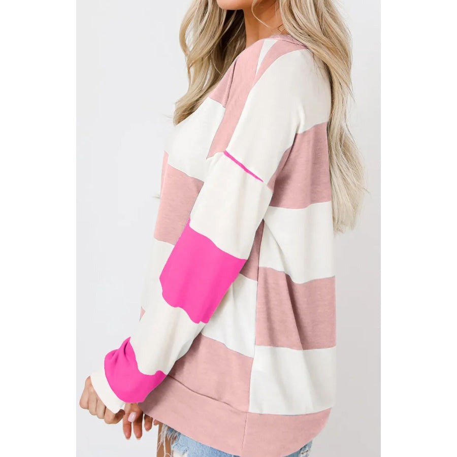 Contrast Color Block Round Neck Long Sleeve Top Blush Pink / S Apparel and Accessories
