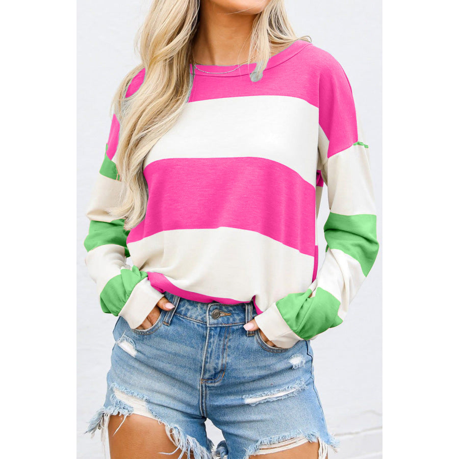 Contrast Color Block Round Neck Long Sleeve Top Hot Pink / S Apparel and Accessories