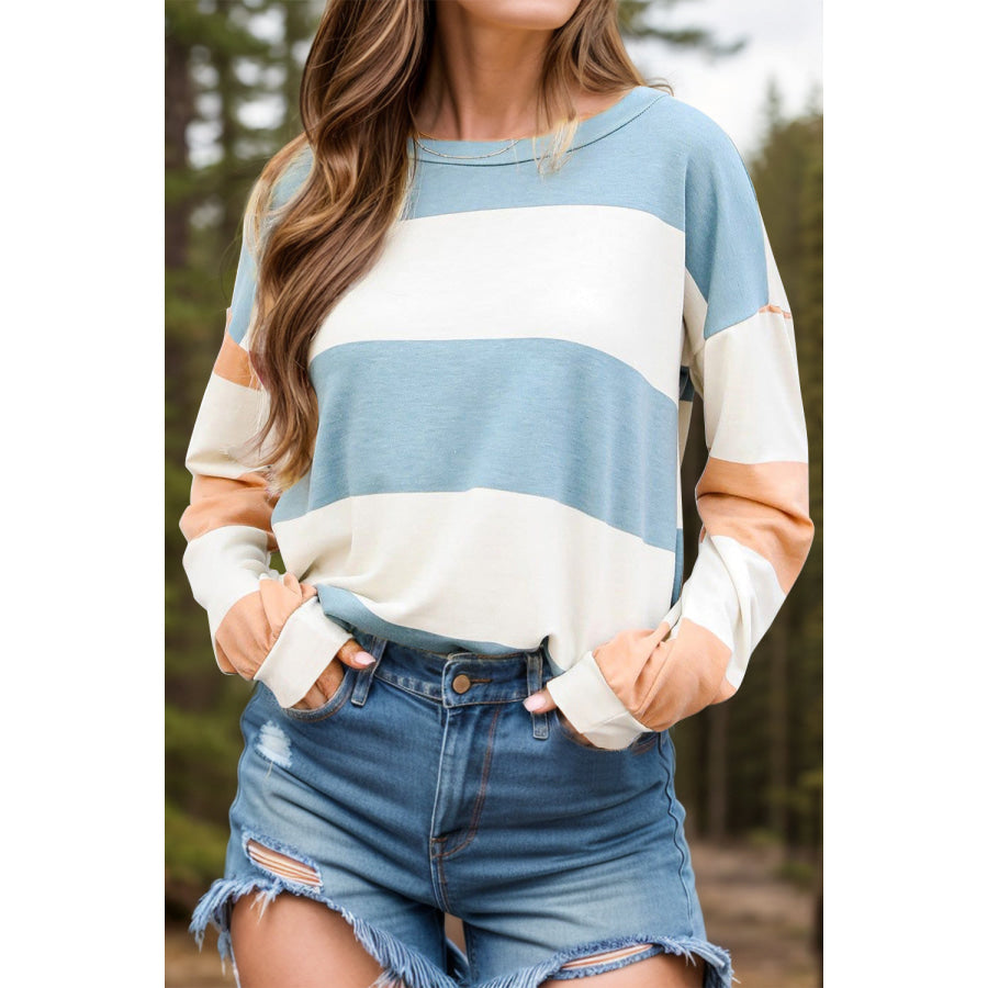 Contrast Color Block Round Neck Long Sleeve Top Light Blue / S Apparel and Accessories