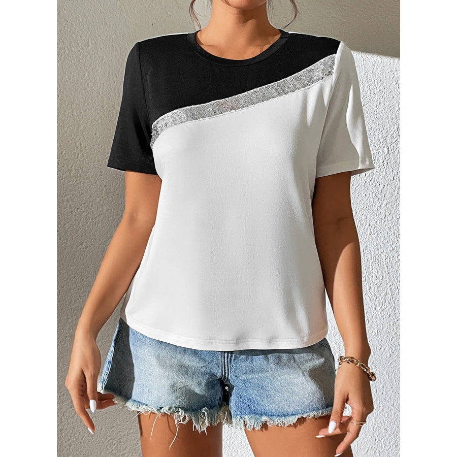 Contrast Color Round Neck Short Sleeve Tee Black-White / S