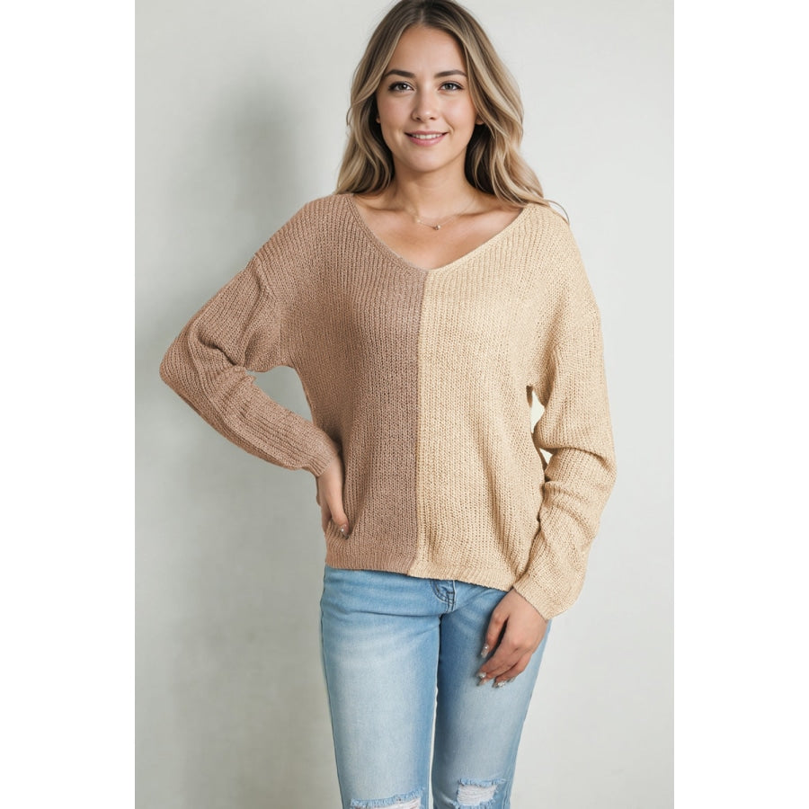 Contrast Color V-Neck Long Sleeve Pullover Sweater Camel / L