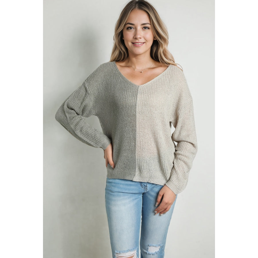 Contrast Color V-Neck Long Sleeve Pullover Sweater Cloudy Blue / L