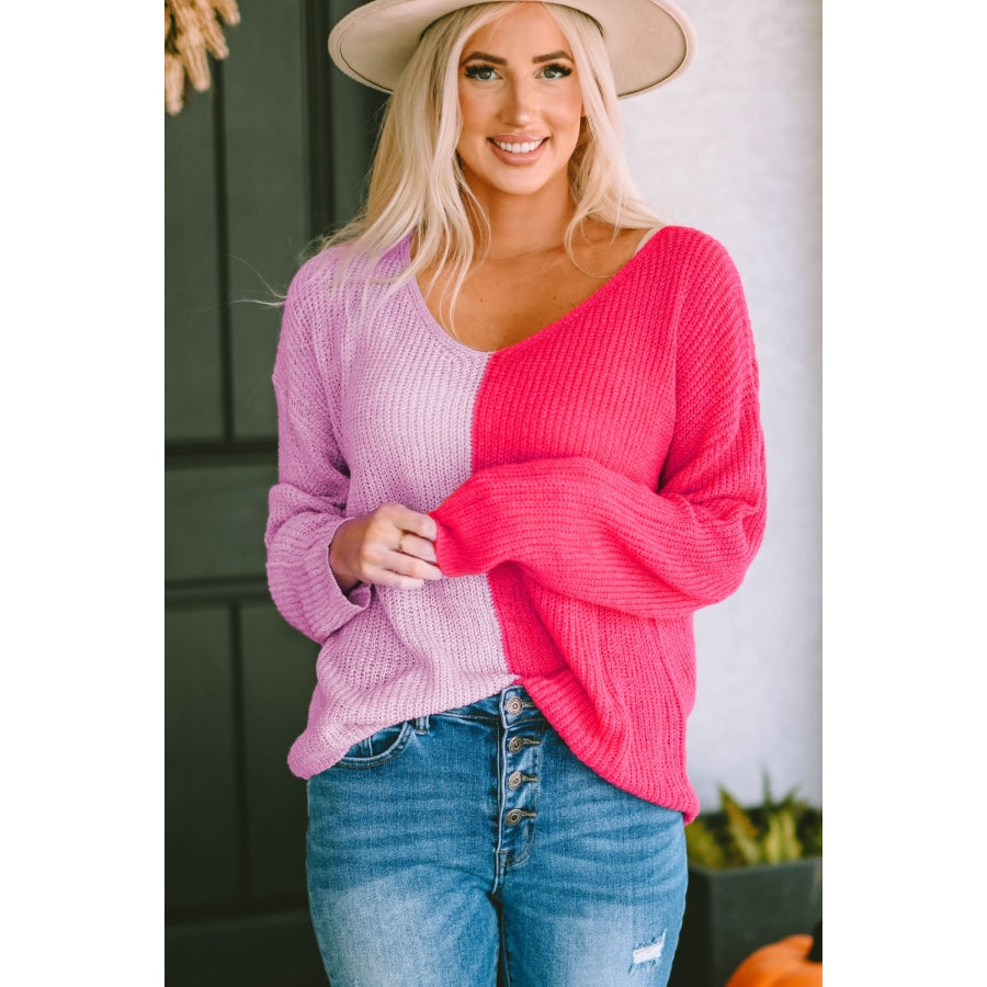 Contrast Color V-Neck Long Sleeve Pullover Sweater Hot Pink / S