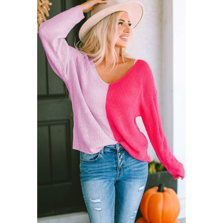 Contrast Color V-Neck Long Sleeve Pullover Sweater