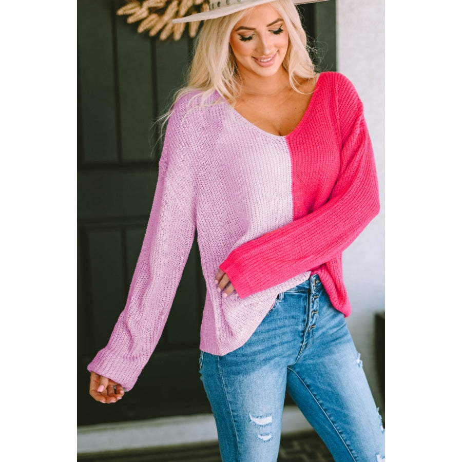 Contrast Color V-Neck Long Sleeve Pullover Sweater