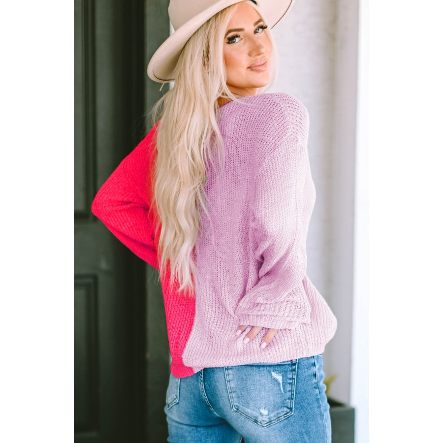 Contrast Color V-Neck Long Sleeve Pullover Sweater