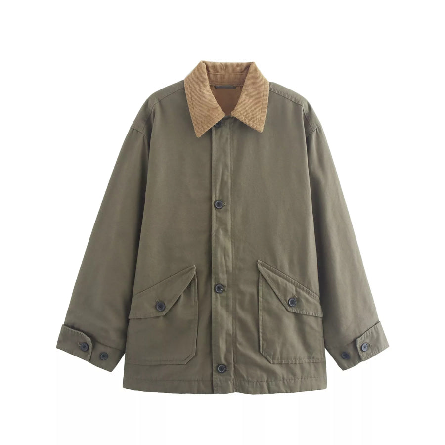 Contrast Corduroy Collar Button Up Jacket Army Green / S Apparel and Accessories