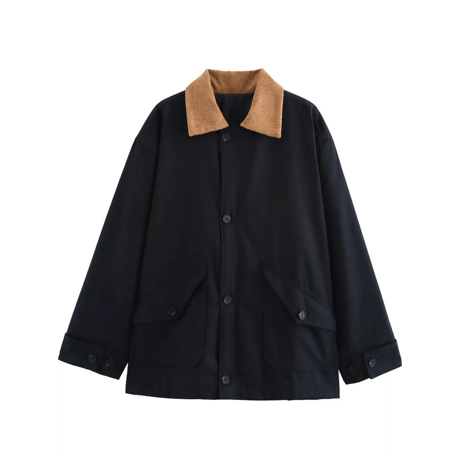 Contrast Corduroy Collar Button Up Jacket Black / S Apparel and Accessories