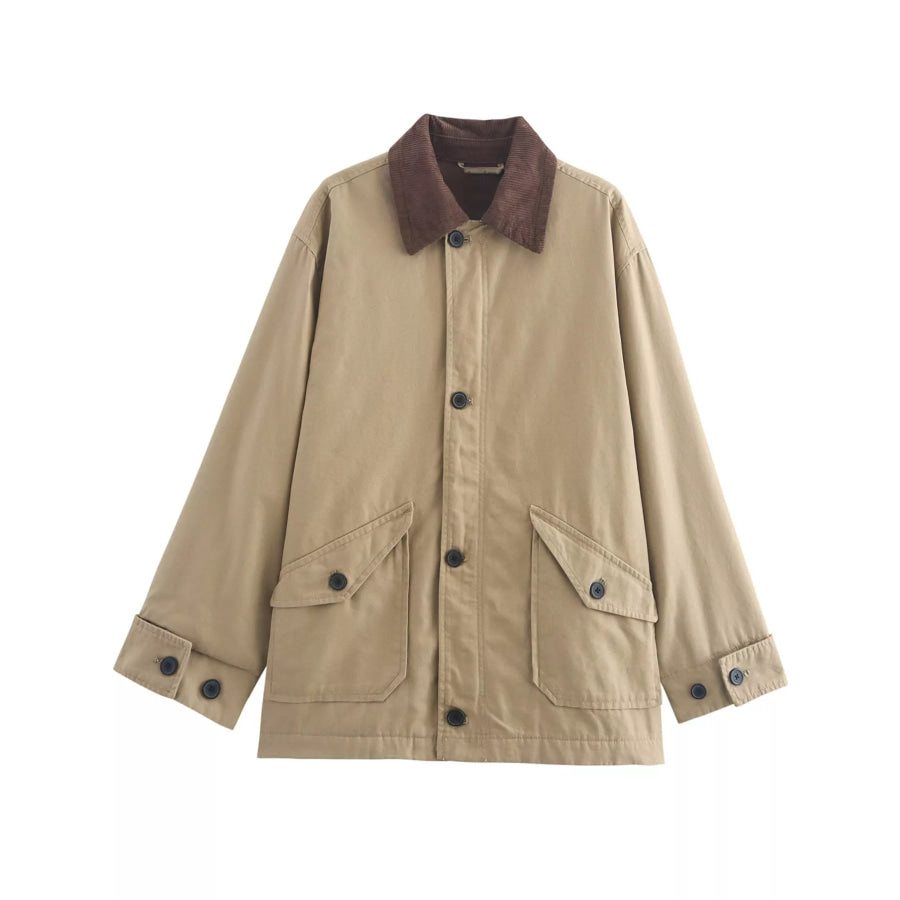 Contrast Corduroy Collar Button Up Jacket Khaki / S Apparel and Accessories