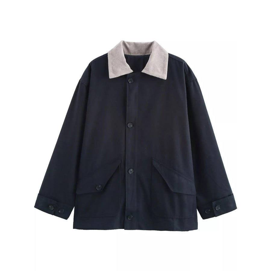 Contrast Corduroy Collar Button Up Jacket Navy / S Apparel and Accessories