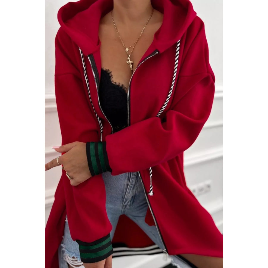 Contrast Cuffed Drop Shoulder Zip Up Hoodie Rust / S Apparel and Accessories