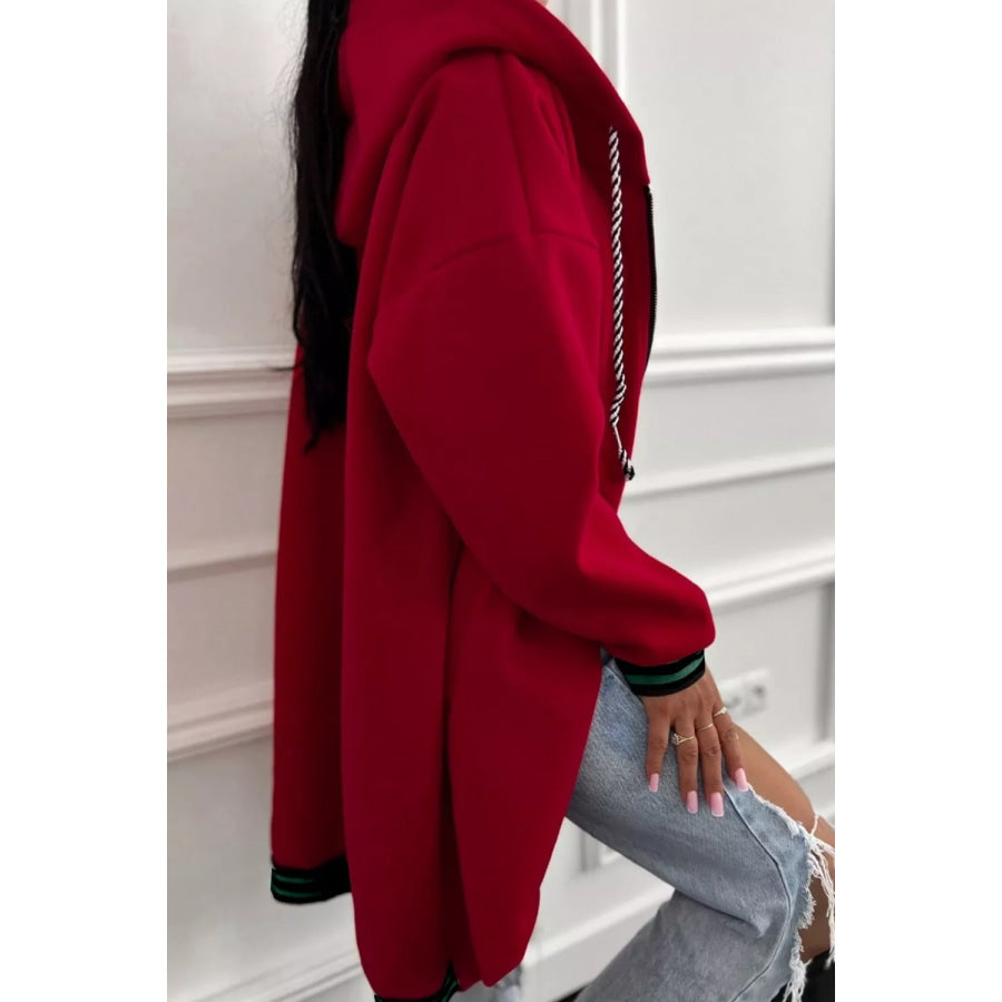 Contrast Cuffed Drop Shoulder Zip Up Hoodie Apparel and Accessories
