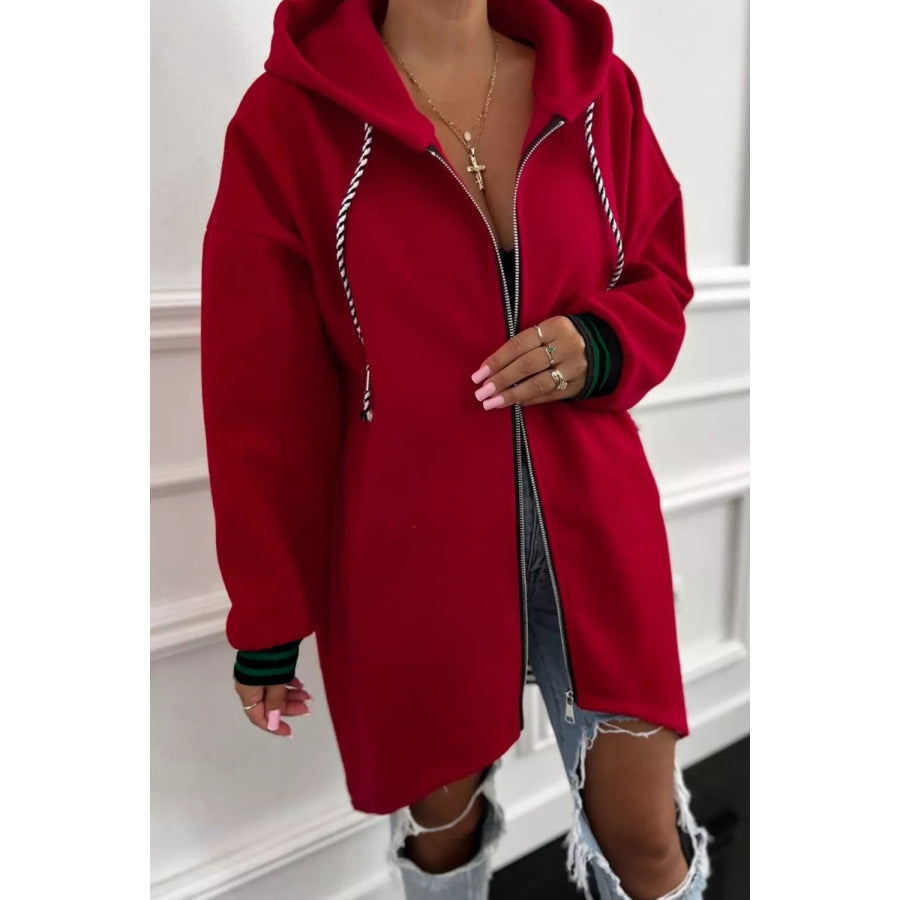Contrast Cuffed Drop Shoulder Zip Up Hoodie Rust / S Apparel and Accessories