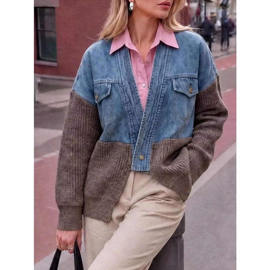 Contrast Denim and Knit Patchwork Cardigan Brown / One Size Apparel Accessories