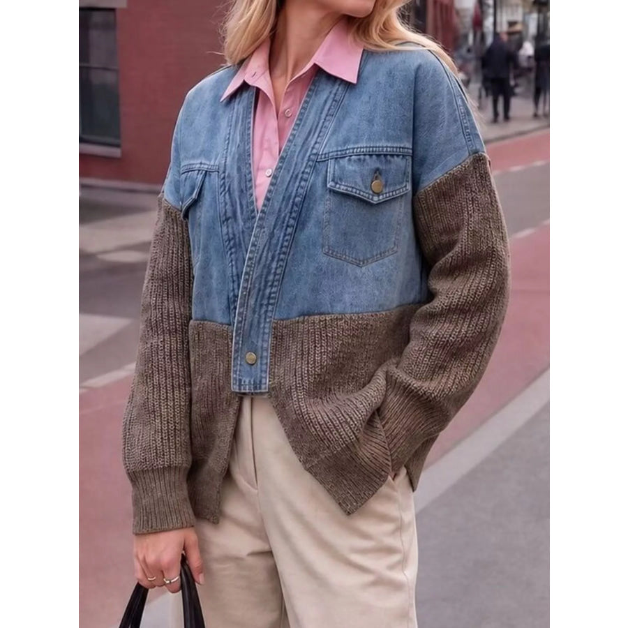 Contrast Denim and Knit Patchwork Cardigan Brown / One Size Apparel Accessories
