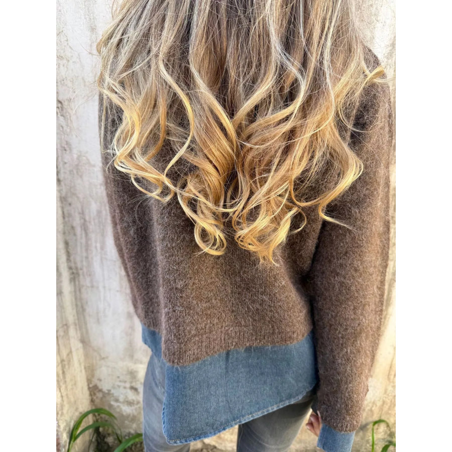 Contrast Denim Collar Half-Zip Knit Sweater Apparel and Accessories