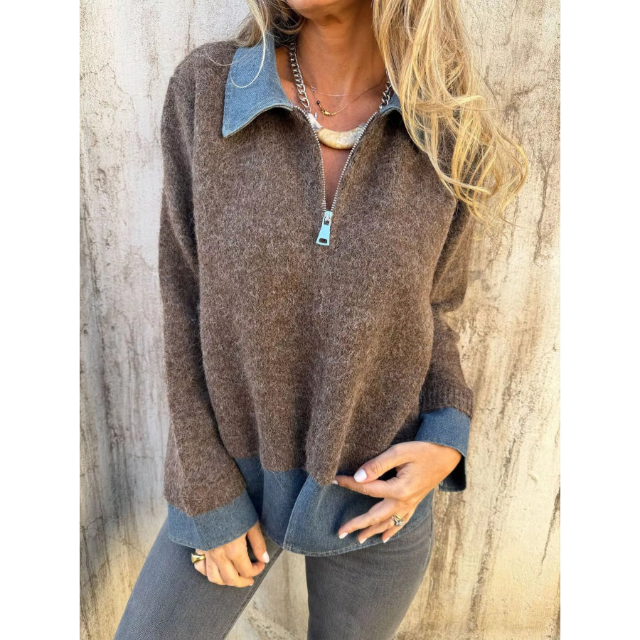 Contrast Denim Collar Half-Zip Knit Sweater Coffee Brown / S Apparel and Accessories
