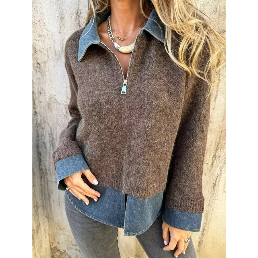 Contrast Denim Collar Half-Zip Knit Sweater Coffee Brown / S Apparel and Accessories