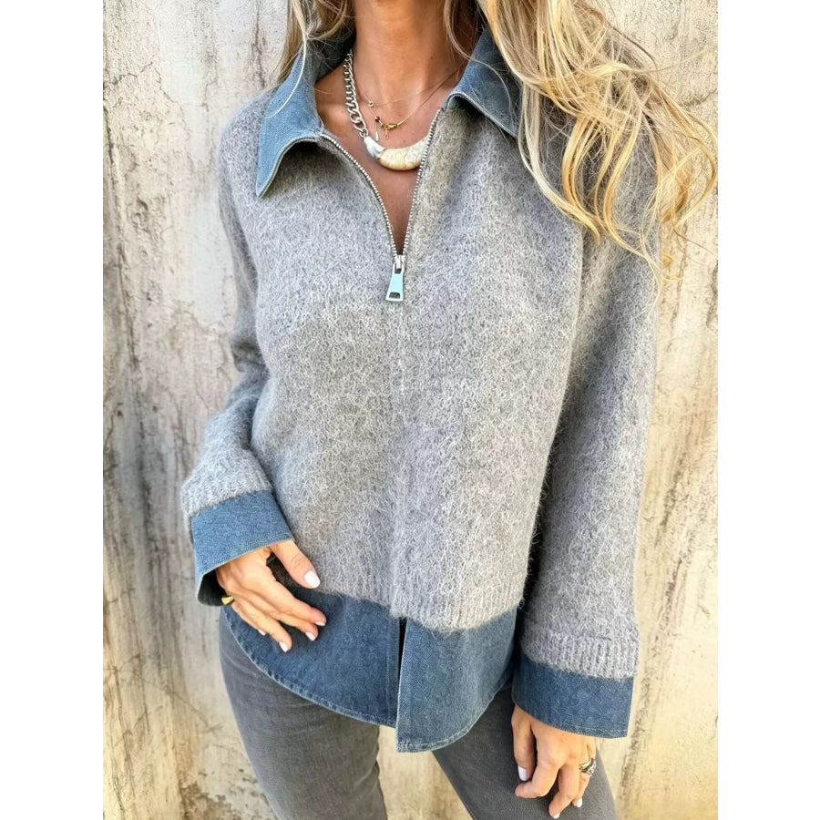 Contrast Denim Collar Half-Zip Knit Sweater Light Gray / S Apparel and Accessories