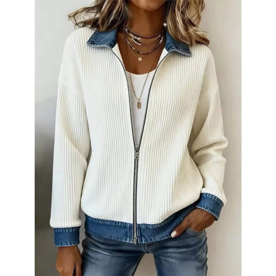 Contrast Denim Collar Ribbed Knit Jacket Apparel and Accessories