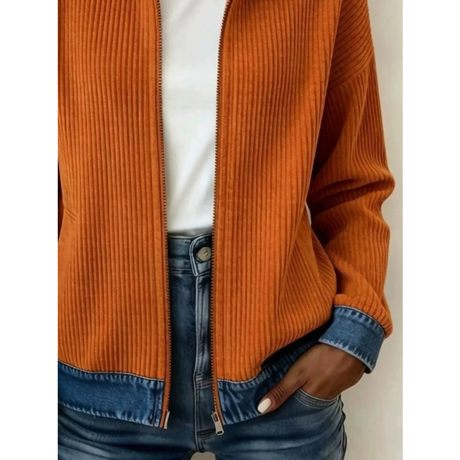 Contrast Denim Collar Ribbed Knit Jacket Apparel and Accessories