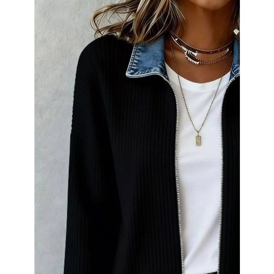 Contrast Denim Collar Ribbed Knit Jacket Apparel and Accessories