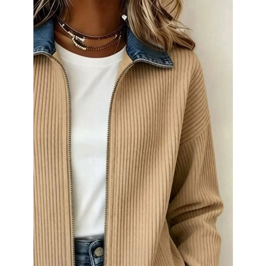 Contrast Denim Collar Ribbed Knit Jacket Apparel and Accessories