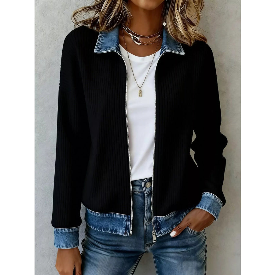 Contrast Denim Collar Ribbed Knit Jacket Black / S Apparel and Accessories