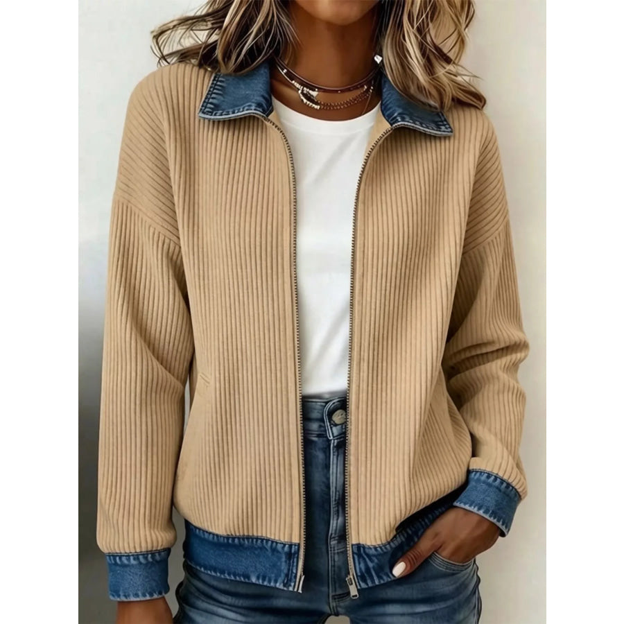 Contrast Denim Collar Ribbed Knit Jacket Khaki / S Apparel and Accessories