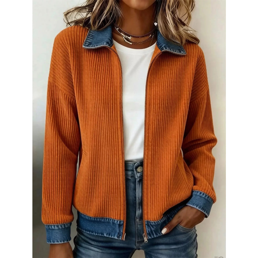 Contrast Denim Collar Ribbed Knit Jacket Orange / S Apparel and Accessories