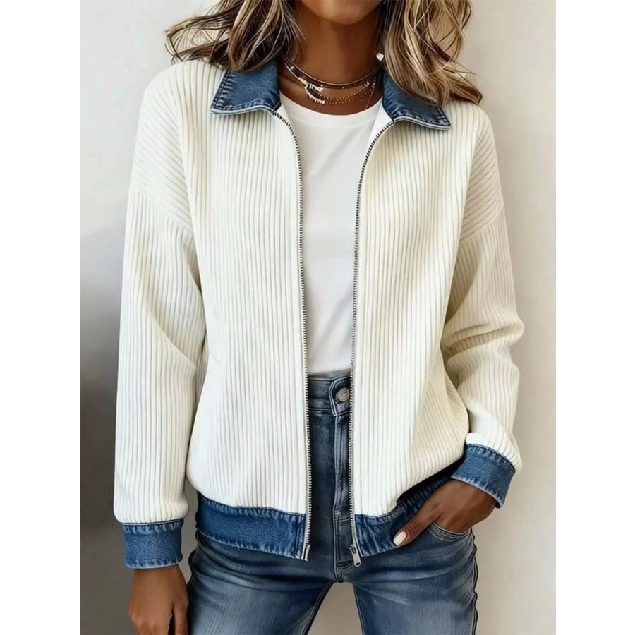 Contrast Denim Collar Ribbed Knit Jacket White / S Apparel and Accessories